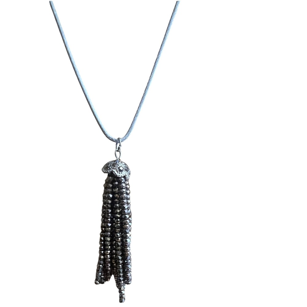 Metallic Grey Beaded Tassel Pendant Necklace with Crystal Cap Grey Cord 20-22in